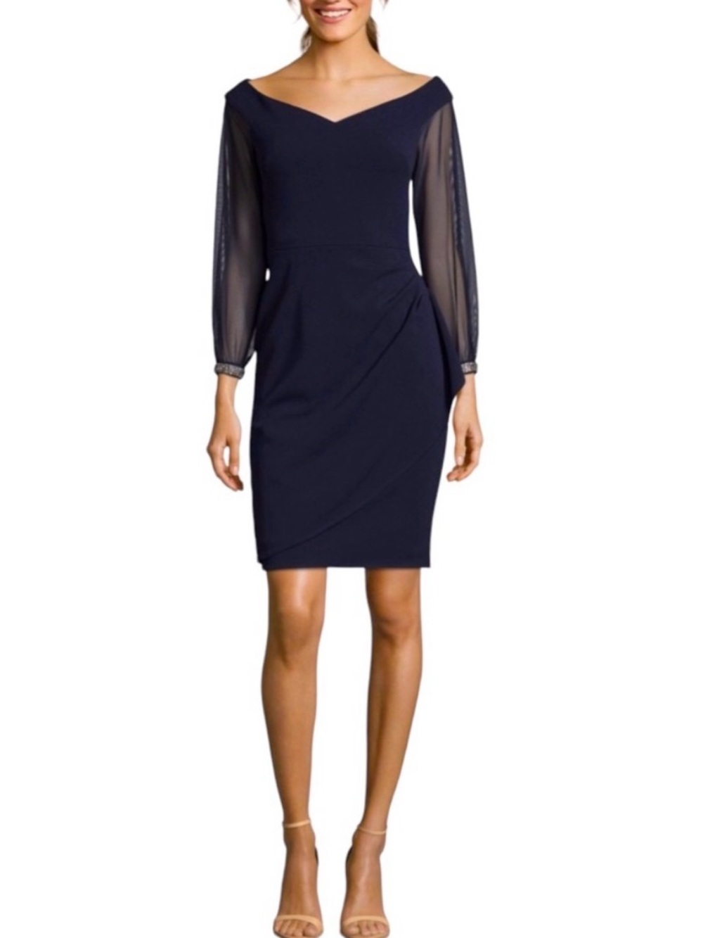 Xscape Off-Shoulder Sheath Dress with Sheer Sleeves & Embellished Cuffs in Black